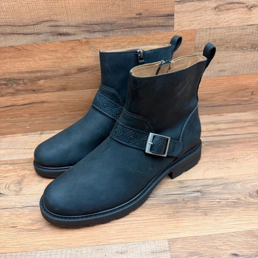 Teva Women Rowena Buckle Block Heel Booties Size 9.5  Black Waterproof Leather